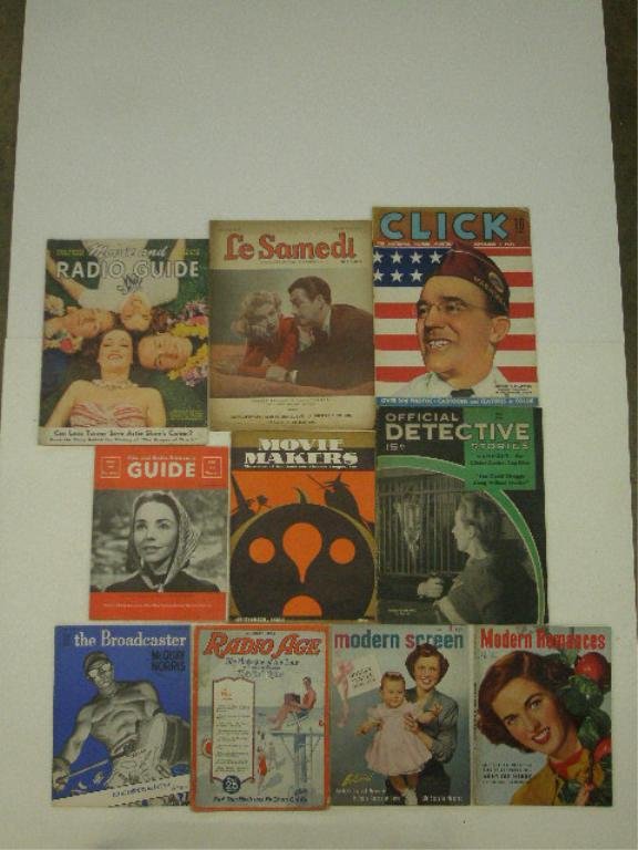 1920's-1950's Magazines: Lot of 10 assorted issues of circa 1924-1959 magazines, Radio Age, Movie Makers, Click, Movie & Radio Guide, Official Detective,Le Samedi, Filmand Radio Discussion Guide, Modern Romances, Modern Scree