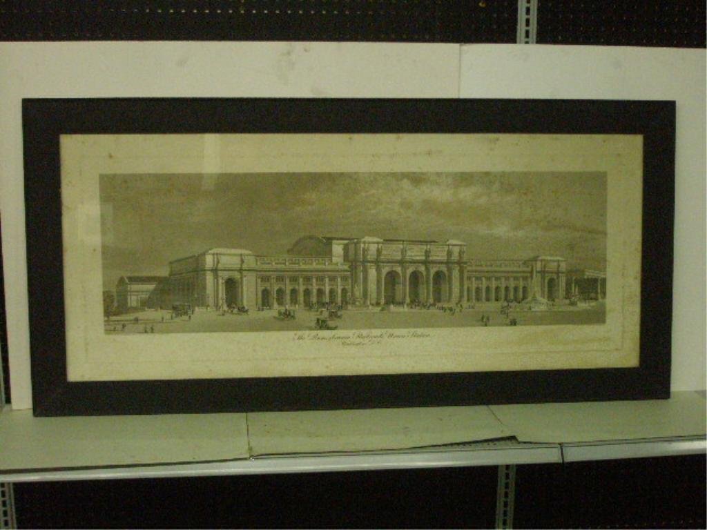 1906 P.R.R. Union Station Engraving: Framed circa 1906 John A Lowell Bank Notes Co. Boston, 21 3/8" x 51 1/2" engraving "The Pennsylvania Railroad's Union Station, Washington, D.C." (after the design by D.H. Burnham & Co. Architects), ov