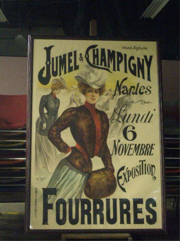 Charles Tichon French Fashion Poster: Framed circa 1905-1910 Charles Tichon designed 73" x 49 1/2" French Fashion poster "Grand Magasins Jumel & Champigny Nantes Lundi 6 November Exposition Forrures", overall size framed is 77" x 53 1/2".