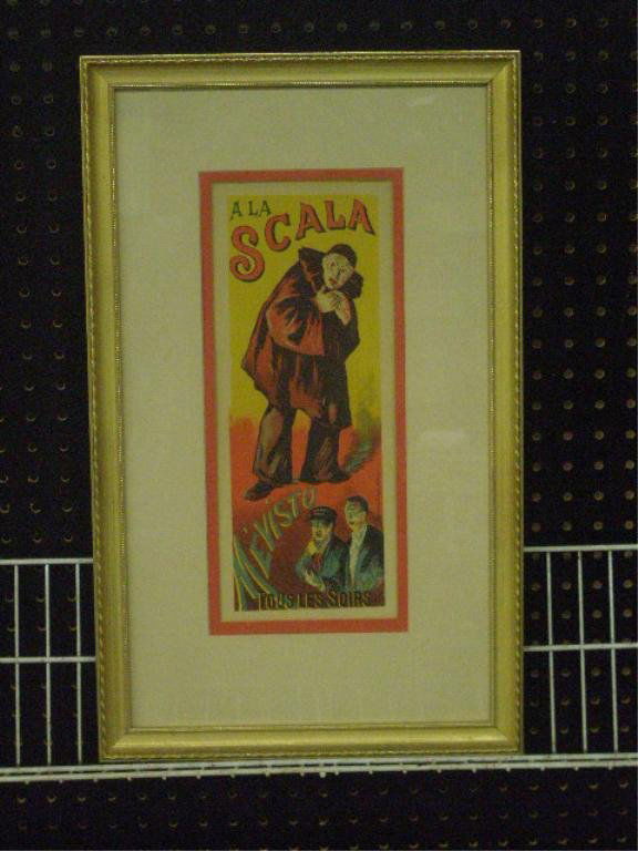 Maximilien Luce French Opera Poster: Framed circa 1891 Maximilien Luce designed 13 1/2" x 6" French opera poster "A La Scala Meuisto Tous Les Soirs", overall size framed is 21 3/4" x 13 1/4". CONDITION: Very good with no damage.