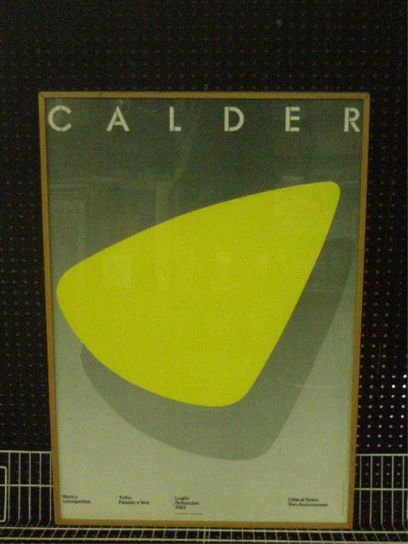 Alexander Calder Exhibition Poster: Framed 1983 Italian art gallery 38" x 26 14" Alexander Calder exhibition poster, overall size framed is 39 1/4" x 27 1/4". CONDITION: Very good with no damage, frame has wear.