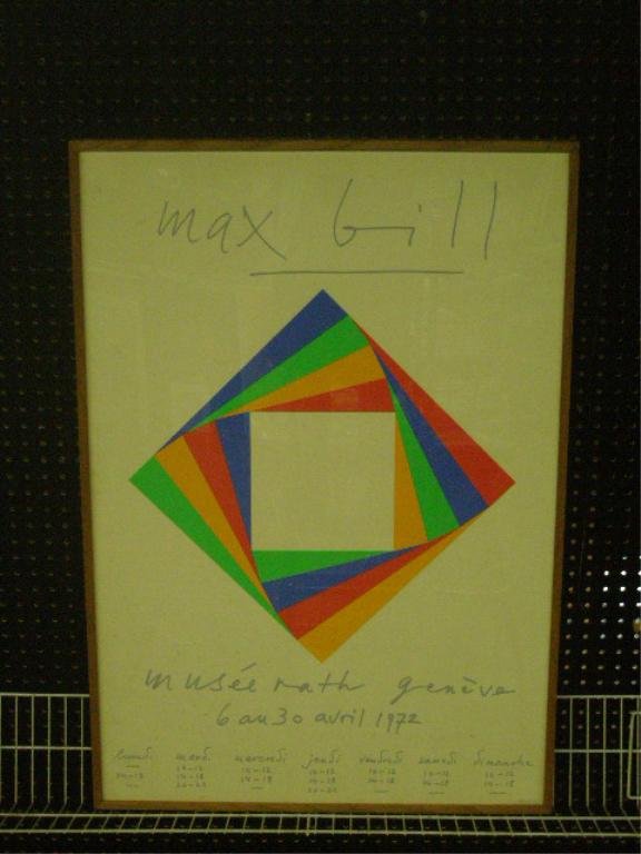 1972 Max Gill Art Exhibition Poster: Framed 1972 French art gallery 37 1/4" x 27 1/2" Max Gill art exhibition poster, overall size framed is 38 1/2" x 26 1/2". CONDITION: Areas with foxing.