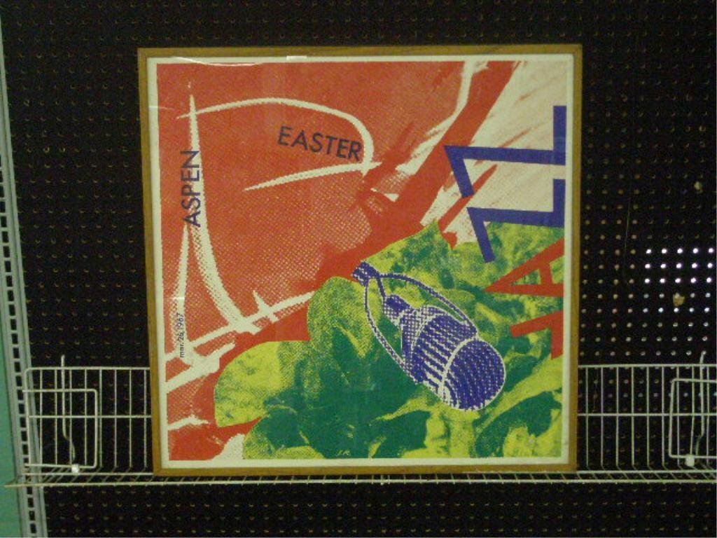 1967 Aspen Jazz Festival Poster: Framed James Rosenquist 1967 Aspen Jazz Festival 25 3/4" x 25 3/4" silkscreen lithograph poster, overall size framed is 26 1/2" x 26 1/2". CONDITION: Very good with no damage, frame has wear.