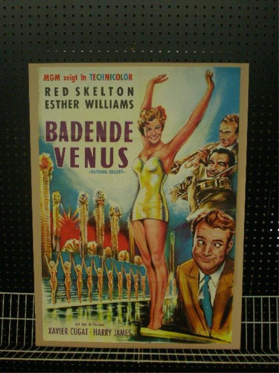 1944 "Bathing Beauty" German Movie Poster: 1944 "Bathing Beauty" German titled ("Badende Venus") 33" x 23 1/4" movie poster, 34" x 25" overall size mounted on poster board. CONDITION: Fold lines & tearing along left side.