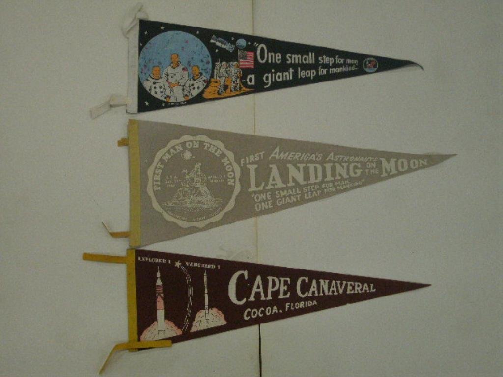 1960's Space Exploration Pennants: Lot of 3 assorted 1960's souvenir Space Exploration pennants. CONDITION: All have pinholes & some form of wear.