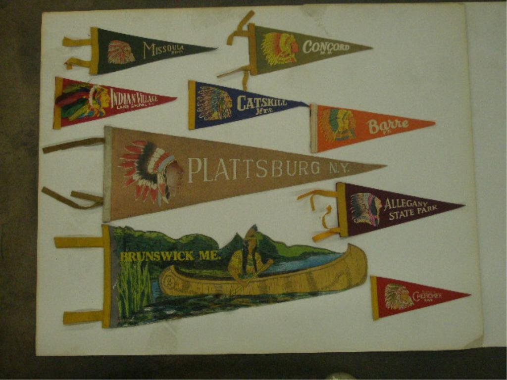 Vintage Souvenir Travel Pennants: Lot of 9 assorted side vintage Native American Indian themed souvenir travel pennants. CONDITION: 2 small & both large have pinholes, all have some form of wear.