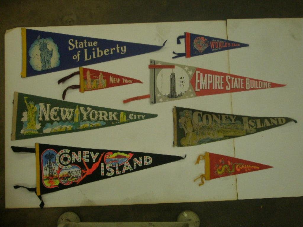 Vintage Souvenir Travel Pennants: Lot of 8 assorted size New York themed vintage souvenir travel pennants. CONDITION: All have pinholes & some form of wear.