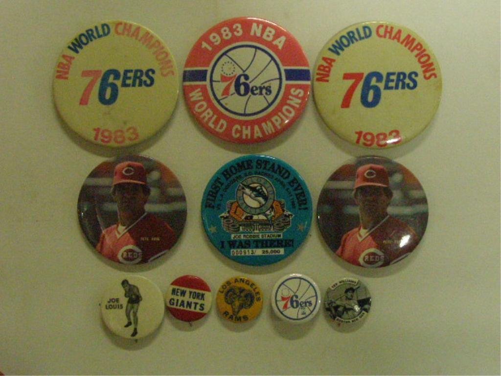 1940's-1990's Sports Pins: Lot of 11 assorted 1940's-1990's sports pins, includes: Ted Williams & Joe Lavis photo pins. CONDITION: All are very good with minor wear.