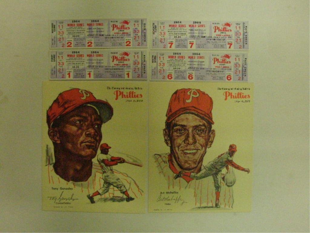 1964 Phillies Photos & Tickets: 1964 Philadelphia Phillies photos & tickets lot, includes: Tony Gonzalez & Art Mahaffey Philadelphia Bulletin photos & games 1, 2, 6 & 7 full Phantom World Series tickets. CONDITION: All are very good