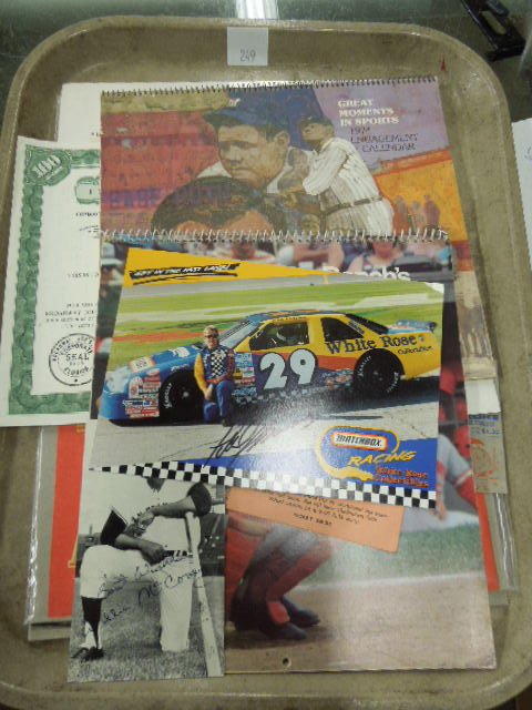 Vintage Sports Memorabilia: Lot of assorted vintage sports memorabilia, includes: Willie McCovey signed photo postcard, (2) 1964 New York Mets ticket stubs, 1969 Reggie Jackson Day ticket, 1969 Broadway Joe's stock certificate, 