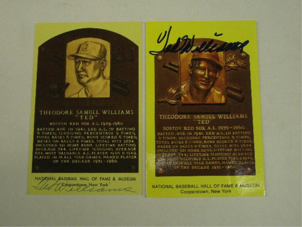 Ted Williams Signed Hall of Fame Postcards: Two Ted Williams signed Baseball Hall of Fame plaque postcards, no C.O.A. for authenticity or guarantee of signatures being real. CONDITION: Both are very good with minor wear, one with pencil marks o