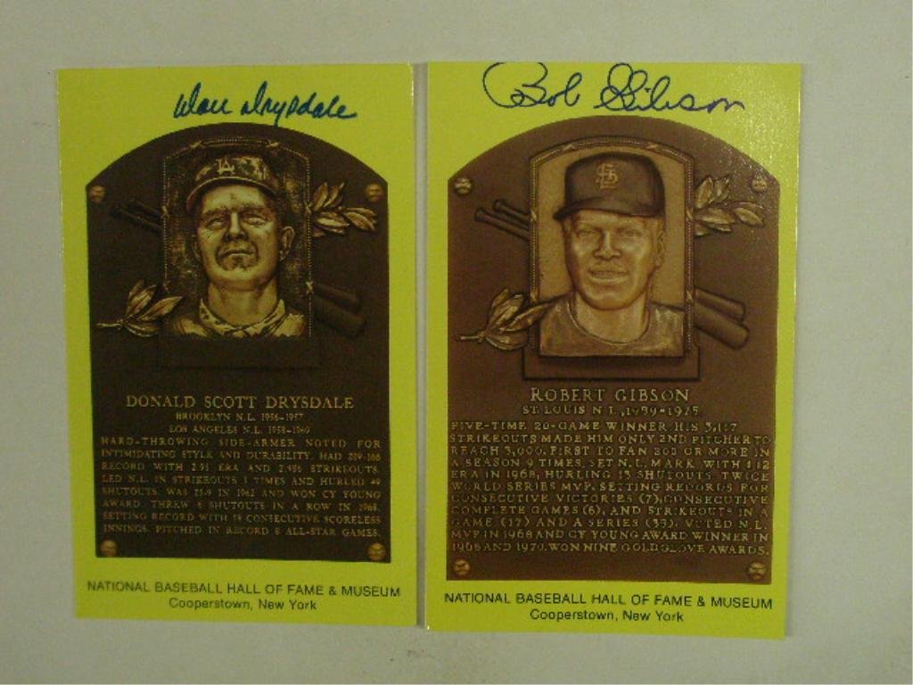 Don Drysdale & Bob Gibson Signed Postcards: Don Drysdale & Bob Gibson signed Baseball of Hall of Fame plaque postcards, no C.O.A. for authenticity or guarantee of signatures being real. CONDITION: Very good with minor wear.