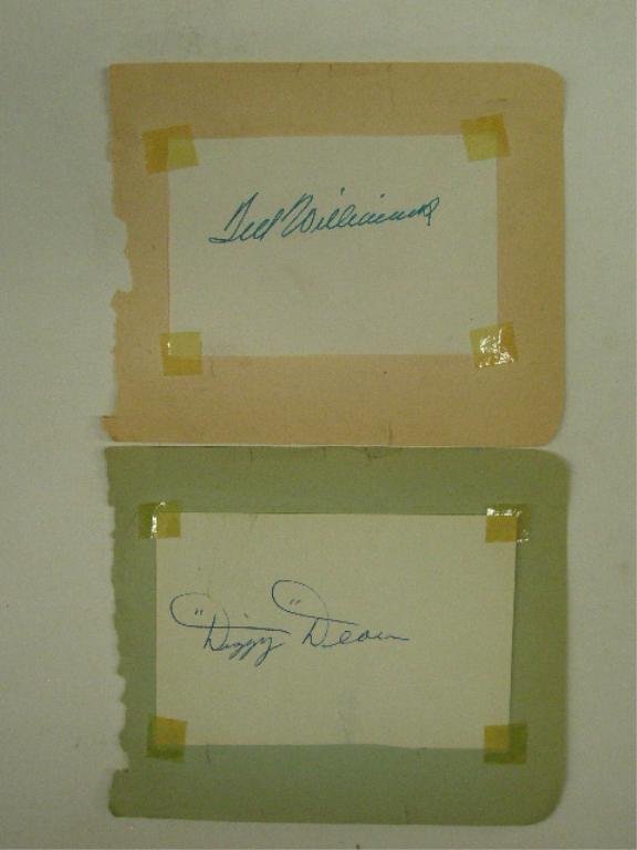 Dizzy Deon & Ted Williams Signed Pages: Dizzy Deon & Ted Williams signed 2 3/4" x 3 3/4" pieces of paper, taped to autograph book pages, no C.O.A. for authenticity or guarantee of signatures being real. CONDITION: Both have wear & tearing o