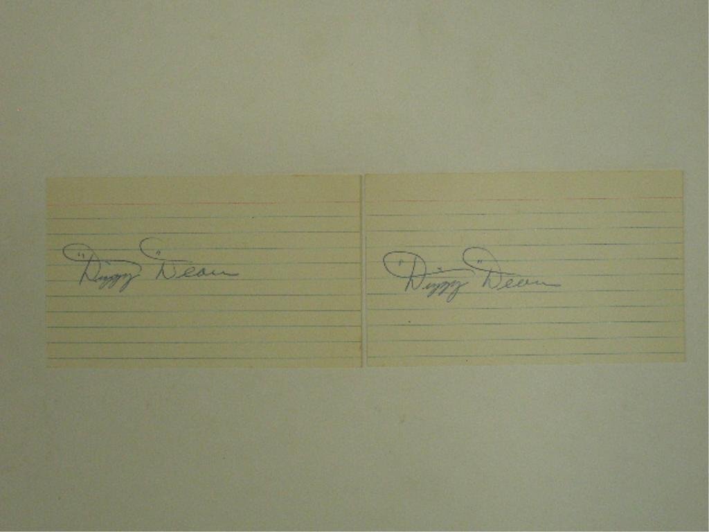 Dizzy Dean Signed Index Cards: Two Dizzy Dean signed 3" x 5" index cards, no C.O.A. for authenticity or guarantee of signatures being real. CONDITION: Both have toning & faded player names in pencil.