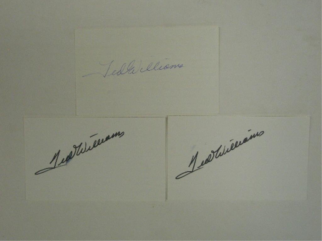 Ted Williams Signed Index Cards: Three Ted Williams signed 3" x 5" index cards, no C.O.A. for authenticity or guarantee of signatures being real. CONDITION: 1 with smear, other are very good with minor wear.