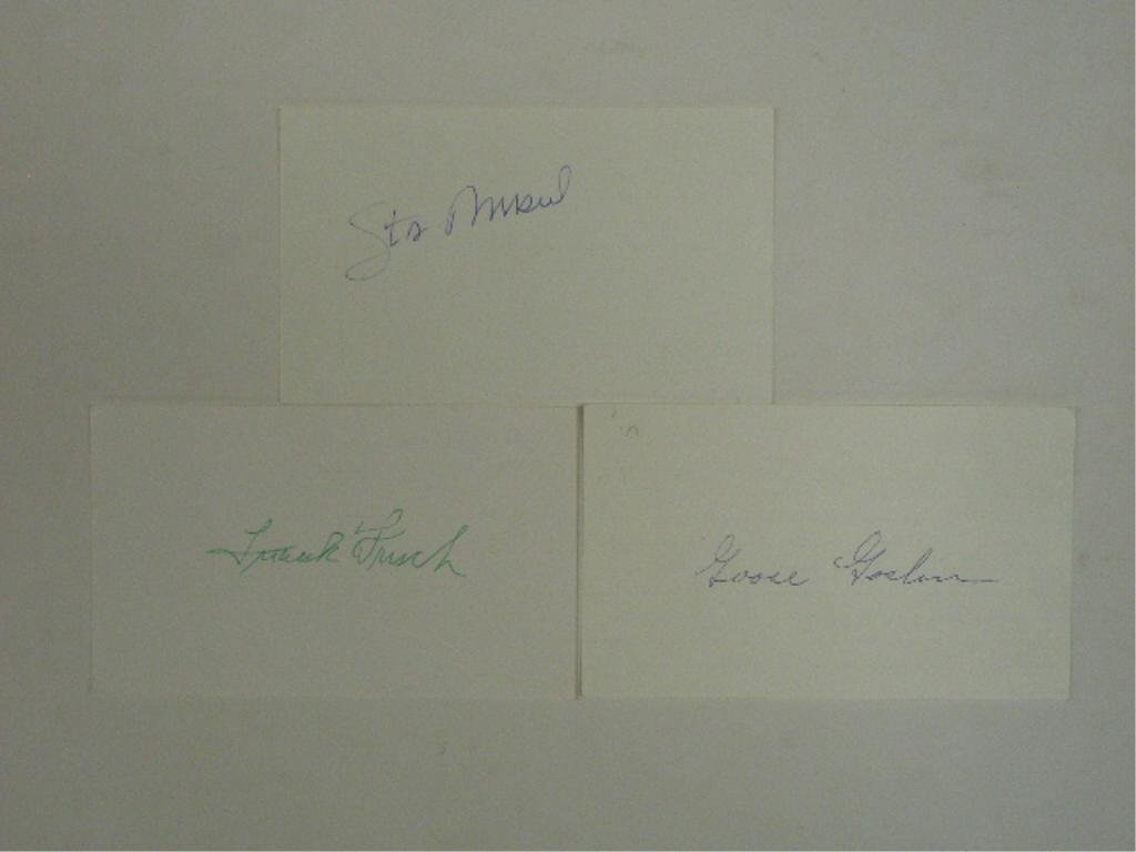 Baseball H.O.F. Player Signed Index Cards: Frank Frisch, Goose Goslin & Stan Musial signed 3" x 5" index cards, no C.O.A for authenticity or guarantee of signatures being real. CONDITION: All have minor wear.