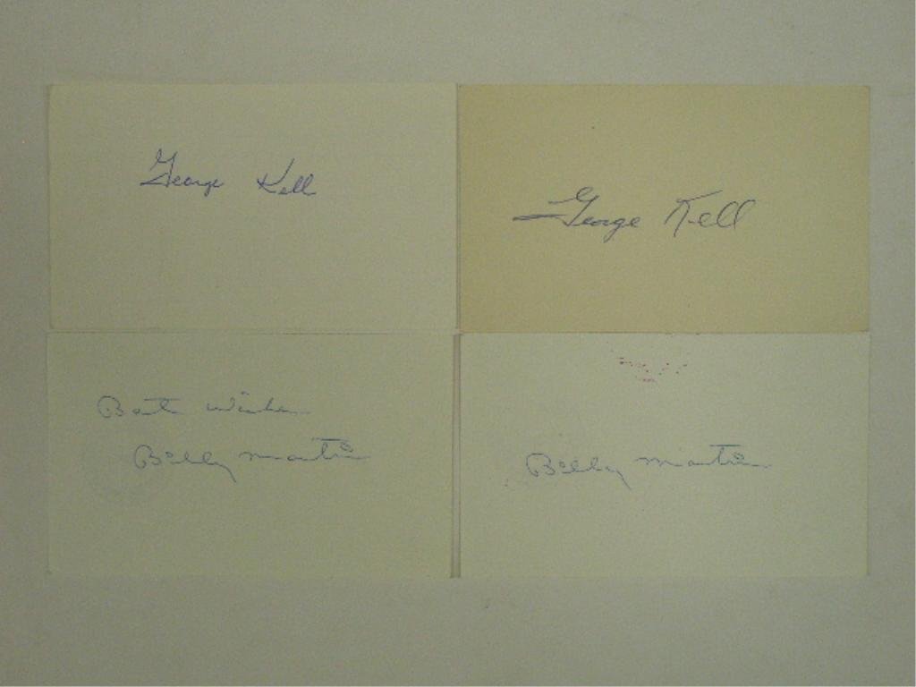 George Kell & Billie Martin Signed Index Cards: Two George Kell & two Billie Martin signed 3" x 5" index cards, no C.O.A for authenticity or guarantee of signatures being real. CONDITION: All have toning, both Martins have postal cancel marks on ba