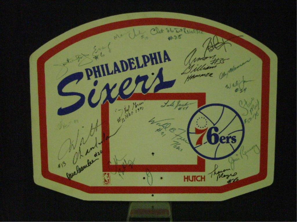 Philadelphia 76ers Signed Backboard: Philadelphia 76ers player & coach signed 19" x 24 1/4" Hutch backboard, includes: Wilt Chamberlain, Julius Erving, Hal Greer, Charles Barkley, Alex Hannum, Jack Ramsey, Luke Jackson, Wali Jones, World