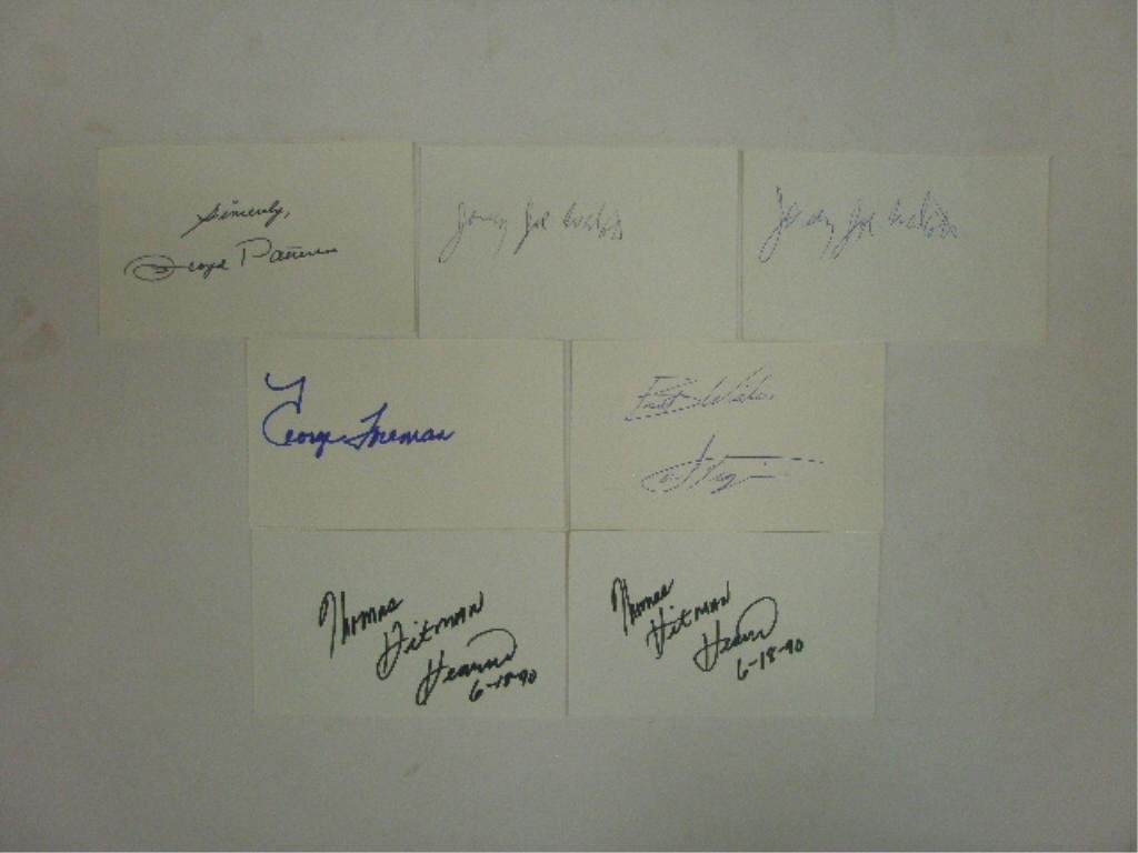 Famous Boxer Signed Index Cards: Floyd Patterson, (2) Jersey Joe Walcott, Joe Frazier, George Forman & (2) Thomas HItman Hearns signed 3" x 5" index cards, no C.O.A. for authenticity or guarantee of signatures being real. CONDITION: 