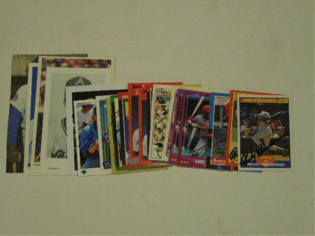 Signed Baseball Cards: Lot of 22 assorted signed Baseball cards & photo cards, includes: Ernie Banks, (2) Rickey Henderson, (3) Barry Larkin, Cal Ripken Jr., Dave Winfield, Don Mattingly, Bo Jackson, (2) Deion Sanders, Will