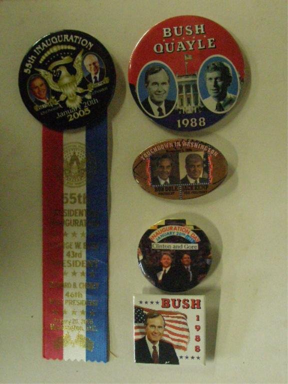 5 Pres & Inaugural Buttons: Five Presidential & Inaugural buttons, late 20th C. including: (2) Inaugural - Jan 20, 2005, Bush/cheney & Jan 20th, 1993, Clinton/Gore & (3) Presidential-1988 Bush & Bush/Quale & 1996 Dole/Kemp, Bush