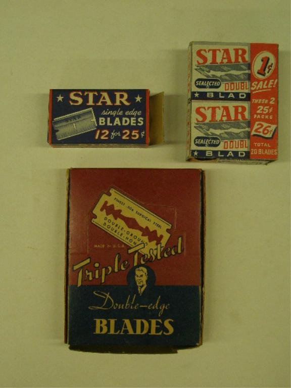 Old Stock Razor Blade Boxes: Old stock razor blade boxes, including: display box - triple tested blades, with 19 of the original 20 boxes of Shelby blades (1) box Star blades with 11 of original 12 packs, double pack of Star blad