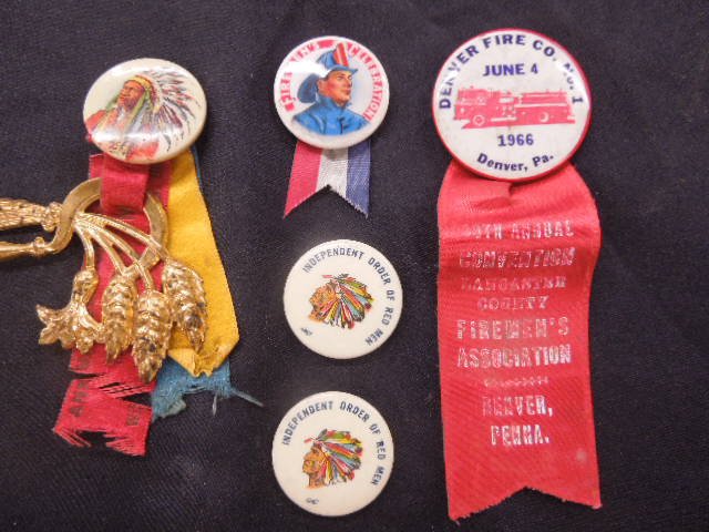 Indian and Fireman Buttons: (5) Indian and Fireman Buttons includes: (2) Independent order of red men (no pins), annual session IMPN O.R.M. 1953, with ribbon and tin sickle and wheat, Firemen's Celebration and Denver Fire Co. No