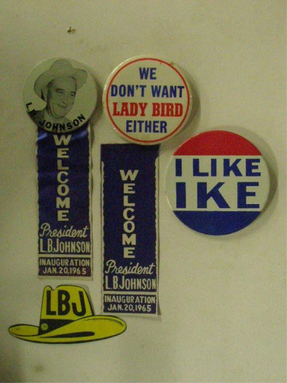 L.B.J. / Ike Presidential Ribbons / Button: [2] Lyndon baines Johnson, 1965 Inauguration ribbons; "I Like Ike" button. CONDITION: One ribbon separated from button.