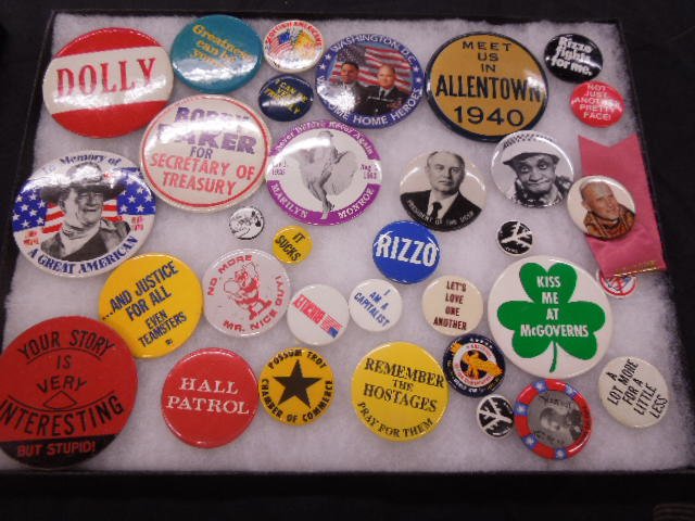 Assorted U.S. Political/Advertising Buttons: [33] Assorted U.S. political/ advertising/ other lapel buttons, mid-to late 20th c; "Meet US in Allentown/ 1940"; Moms Mabley; John Wayne; "Rizzo Fights for Me", etc. CONDITION: No issues identified.