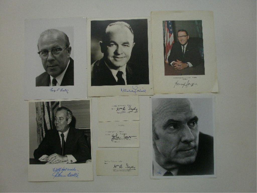 5 U.S. senator autographed publicity photos: 5 U.S. senator autographed publicity photos together with 3 typescript and autographed cards: Alan Cranston, Robert P. Griffith, George P. Schultz, John G. Tower, et al. Condition: Very good
