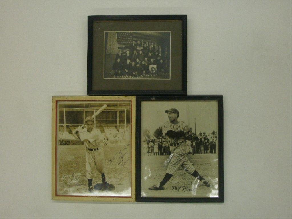 2 Sports photos & early athletic club photo: 2 Sports photos & early athletic club photo. Yogi Berra and pen signed Phil Rizzuto. Condition Cracked glass on Berra photo, autographs not guaranteed.