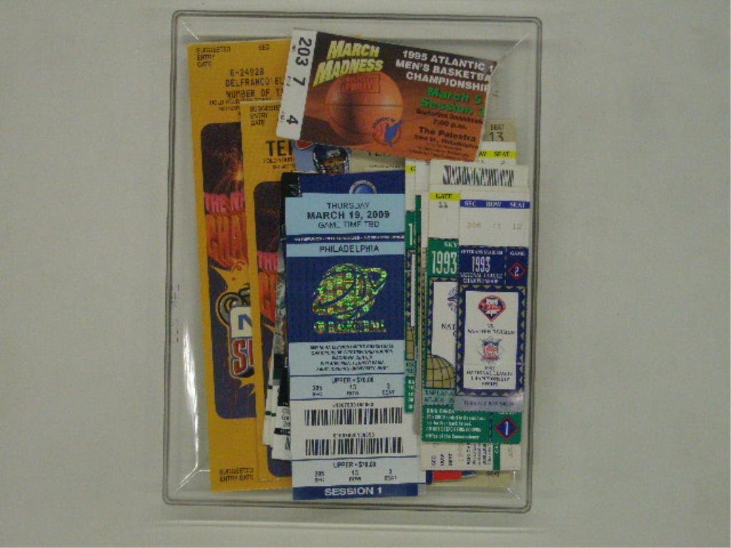 Assorted Sports Tickets: Lot of Assorted Sports Tickets, professional and college inluding: Phillies playoffs (1993), NCAA Basketball (March Madness), Eagles Playoff, Bowl game tickets. Condition: Used, worn, some folded