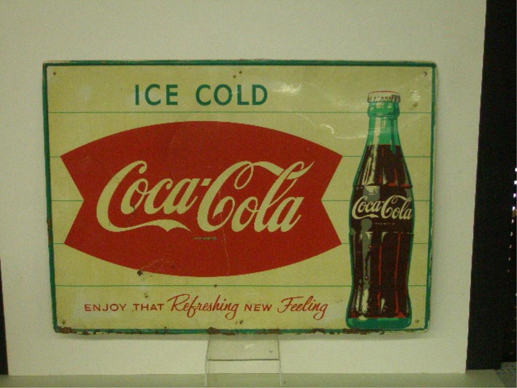 Vintage Coca Cola Advertising Sign: Vintage Coca-Cola, metal advertising sign; mid-20th c. 19 1/2" x 27 1/2". CONDITION: Areas of rust and surface loss, primarily at bottom.