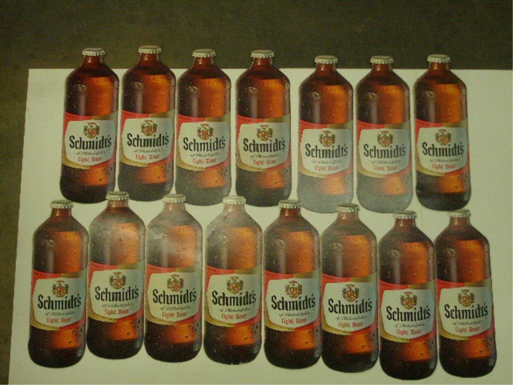 (15) Schmidt's Card Board Signs: (15) Schmidt's light beer card board bottle form advertising signs, 16 3/8"h. CONDITION: Minor wear.