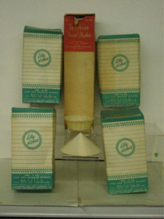 Boxes Cardboard "Sundae" Dishes: Five full boxes vintage cardboard "Sundae" dishes including; (4) Lily dishes & (1) Sunshine. CONDITION: Sunshine box stained, other normal wear from age.