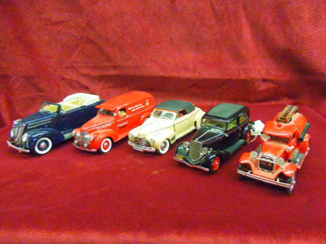 Five Die Cast Cars: Lot of 5 Die Cast cars: (1) 1937 Ford Convertible made in China, (1) 1940's Danbury Mint Delivery Truck, (1) 1941 Chevy Convertible from the Danbury Mint, (1) 1933 Ford Coup (John Dillenger's Getaway