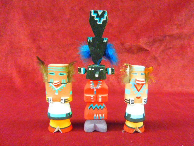 3 Miniature Kachina Dolls: Three miniature contemporary S.W. Hopi Kachina dolls; (2) squirrel & (1) crow, hand carved, polychrome hand painted with feathers, 7" , 4 1/4" & 4 1/4". CONDITION: No issues identified.