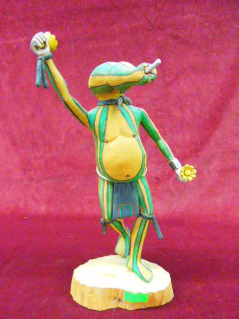 Hopi Kachina Doll (Squash Head): Contemporary S.W. Hopi Kachina doll Patung" (squash head) with flowers, artist signed "Grover", hand carved, polychrome hand painted, 13 1/2" h. CONDITION: No issues identified