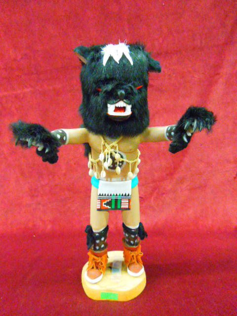 Hopi Kachina doll (Black Bear): Contemporary S.W. Hopi Kachina doll; "Hon" (black bear), artist signed "Seona", hand carved, polychrome hand painted with fur, feathers, shell vest straps, 17 1/2" h. CONDITION: No issues identified