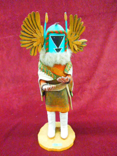 Hopi Kachina Doll (Crow Mother): Contemporary S.W. Hopi Kachina doll "Angwusi" (crow mother), srtist signed "C. Carl M.", hand carved, polychrome hand painted with fur & beaded bracelets & necklace. Note: Mask head detaches from body