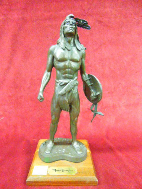 Remington Sculpture, "Ridden Down": Fredric Remmington sculpture, bronzed composition, "Ridden Down", standing indian warrior, height xxxx, wood base, late 20th C. CONDITION: Missing spear.