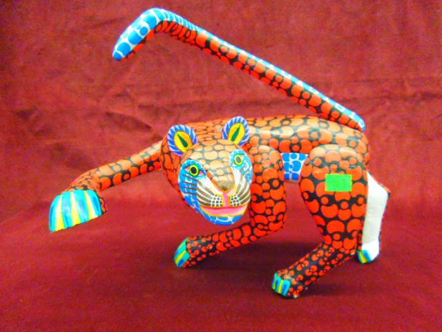 Oaxacan Figure "Jaguar": Mexican Oaxacan carved wood figure "Jaguar", hand painted & artist signed "Jose' Hernamder M E. Hijos, Evaristo Hernandez J. Y Eraclio HDZ J". CONDITION: No issues identified.