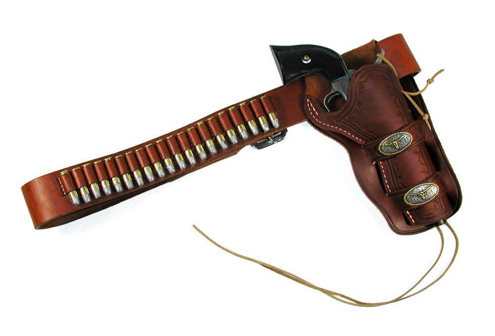 Colt 73 Single Action Revolver Replica: Colt 73 Single Action Revolver - 5 1/2” Barrel (Very Rare) Metal w/Black Checkered Grips - Japan (RM) - Working Action. Leather Holster & Belt w/Dummy Cartridges. (Please Note: These are nonfiring r