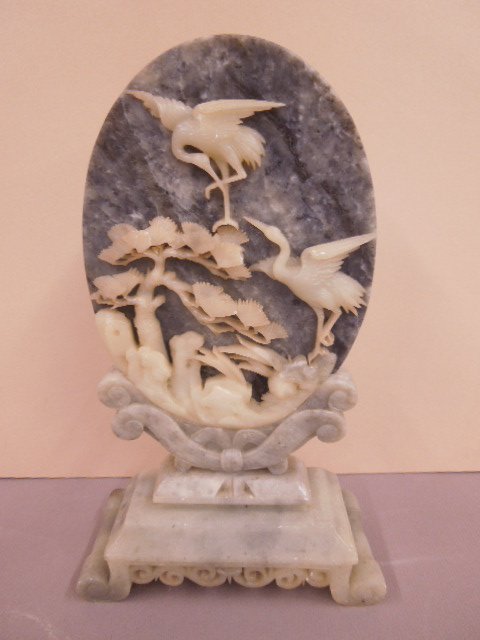 Chinese Candle Screen: Chinese candle screen, soapstone, depicts flying cranes and trees, 20th C, 12" x 7" x 3". CONDITION: No issues identified.
