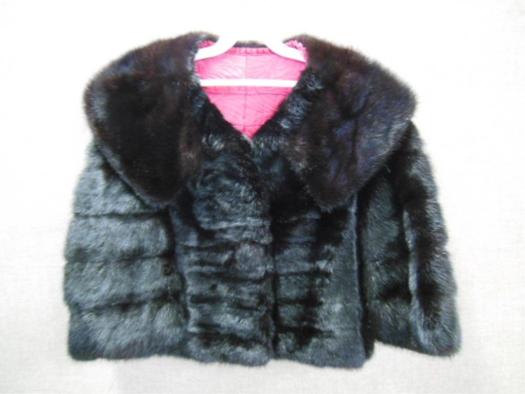 Mink Evening Jacket: Mink evening jacket, 3/4 sleeves, 16" across shoulder, 20" length, mink covered button, shawl collar. Name embroidered in pink brocade lining "Lenore", some wear in lining. CONDITION: Some lining wear