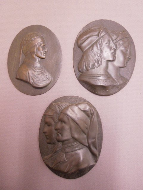(3) Portrait Placque: (3) Portrait placques, bronzed on white metal, raised bust moldings of "Dante", "Dante & Beatrice", and "Raffaello E Fornarina", 19th/20th C. from 3 3/4" x 5" to 4 1/4" x 5 1/2". CONDITION: No issues 