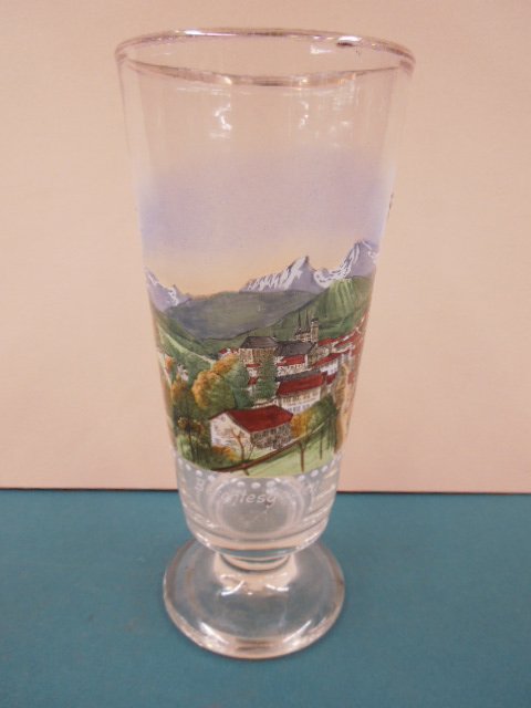 Bavarian Beer Pilsner: Bavarian Beer Pilsner, with enameled Panoramic landscape "Birchtesgarden", hand blown, O.5L., 19th c. hgt 8". CONDITION: No issues noted.