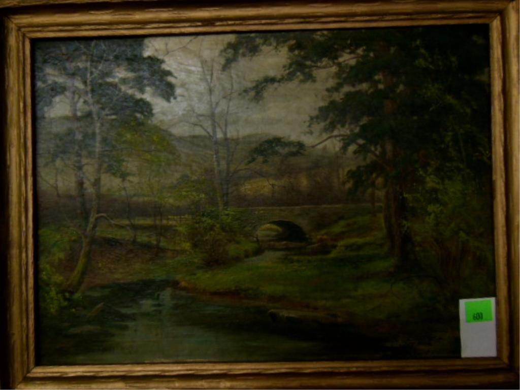 Edward H. Thompson, o/c, Summer Landscape: Edward H. Thompson, oil on canvas, signed LL, '1915', summer landscape with stream & bridge, gilt frame, sight 21 1/2" x 16". CONDITION: No issues noted.