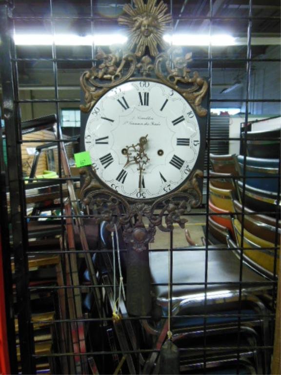 French Wag-On Wall Clock: French wag-on-wall two weight time-and-strike clock, porcelain face marked: "J. Cornillon / St. Germain des Fosses"; bronze and metal case. 20th C. CONDITION: Operation observed but not guaranteed; fa