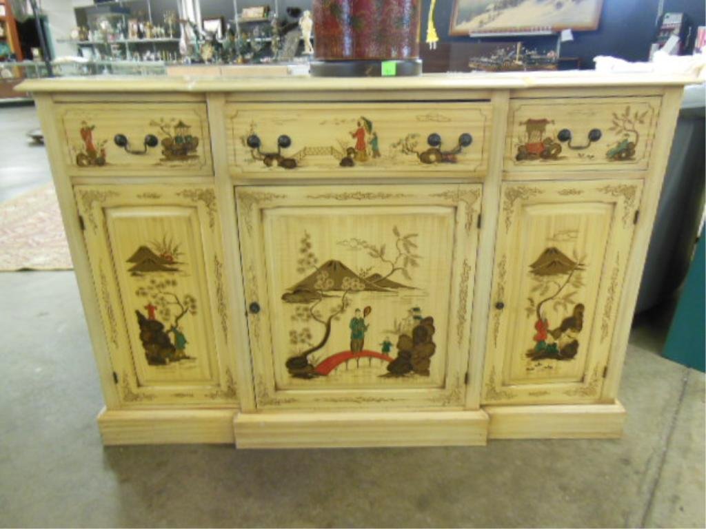 Chinoiserie Credenza: Chinoiserie credenza, antiqued white with figural landscape designs; butler's drawer with fitted interior, mid 20th C. CONDITION: Slight wear on edges.